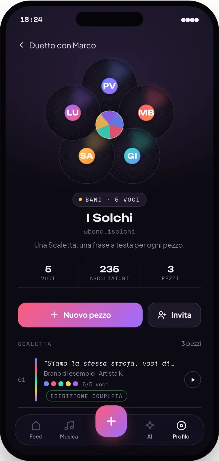 Schermata Band "I Solchi": cinque avatar disposti attorno a un disco centrale