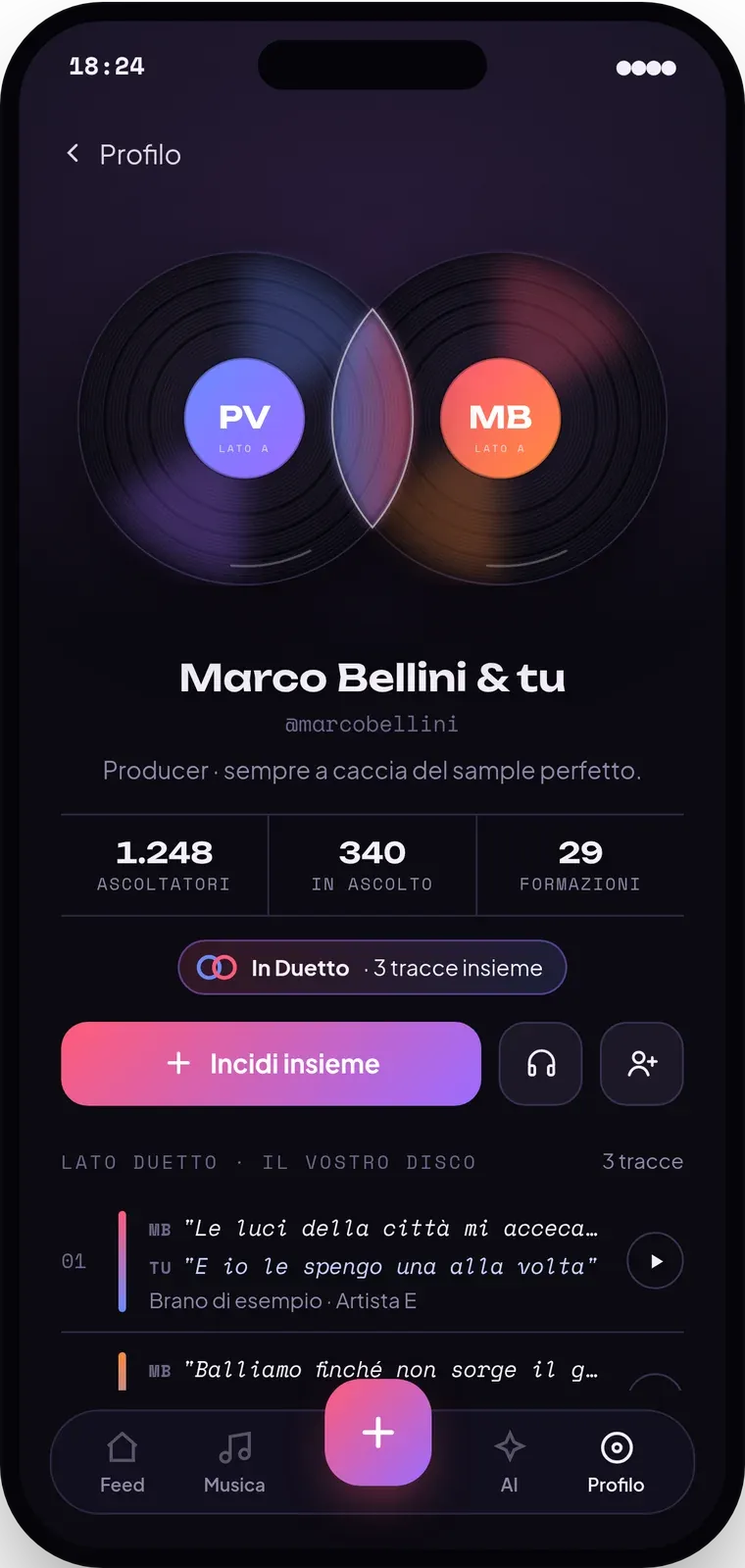 Profilo condiviso "Marco Bellini & tu" con due dischi intrecciati e le tracce in comune
