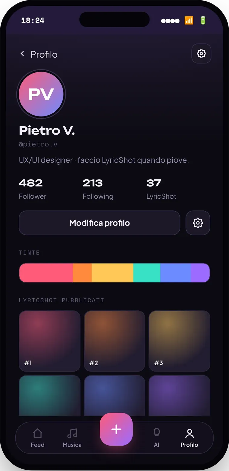 Prima versione del profilo Commusic: statistiche, tinte e griglia di LyricShot, senza relazioni visibili